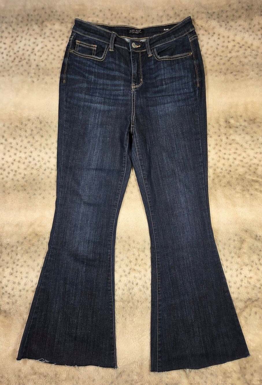 Judy Blue High Rise Dark Wash Raw Hem Flare Jeans Size 7/28